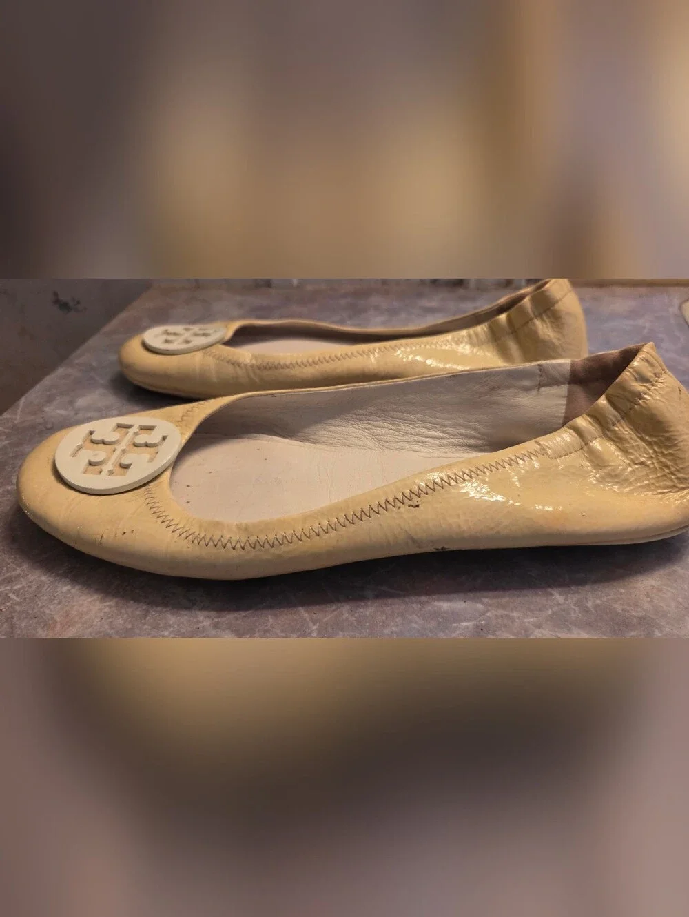 Tory Burch Yellow Patent Logo Ballet Flats